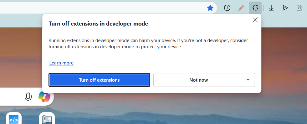 Edge Unpacked Extension Warning Popup